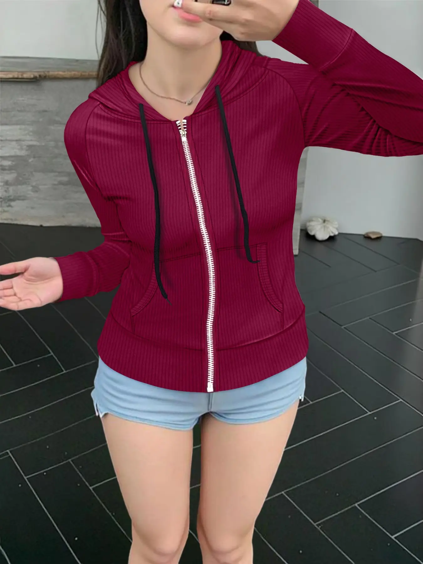 Women's Knit Ribbed Adjustable Hooded Zipper Short Cardigan, Slim Fit Long Sleeve Sporty Casual Style, Perfect for Lady Daily Wear & Outdoor Activities, Womenswear