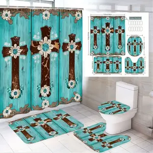 4pcs Rustic Western 5-Piece Bathroom Decor Set with Turquoise and Brown Crosses, Daisy Accents, Scalloped Trim – Farmhouse Style Shower Curtain, Bath Mat, Toilet Lid Cover & U-Shaped Floor Mat for Christian Decor Lovers