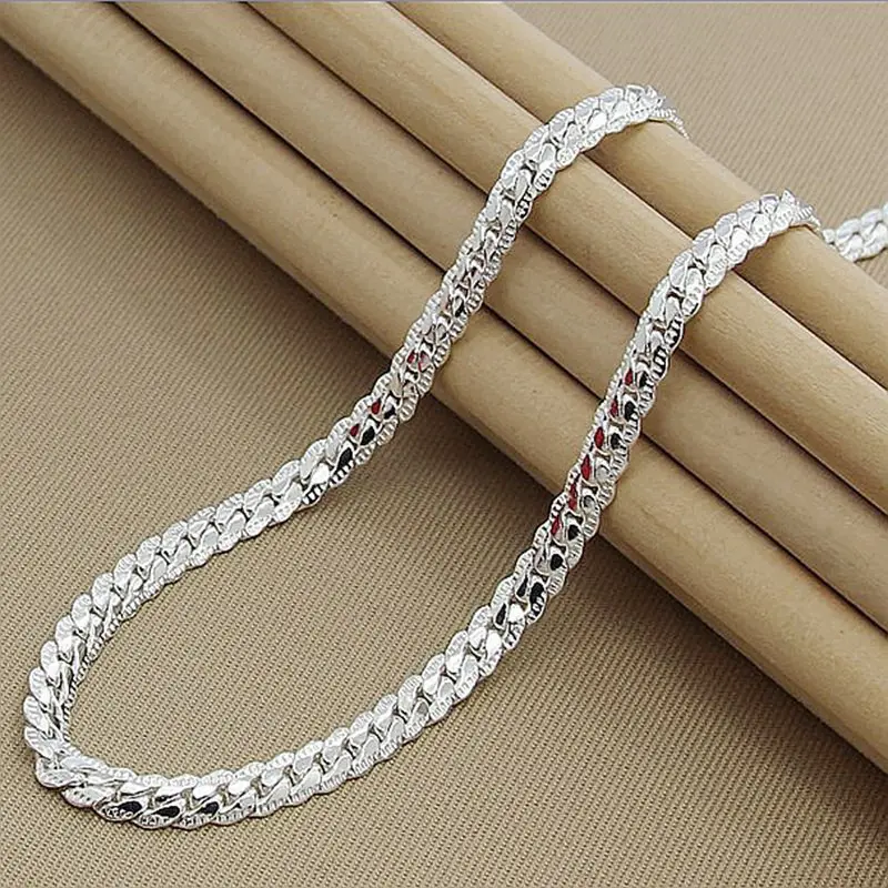 JewelryUSA - 925 Sterling Silver 5mm Side Chain 8/18/20/22/24 Inch Necklace For Woman Men Fashion Wedding Engagement Jewelry Gift