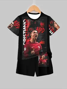 Portugal Cristiano Ronaldo Dark Wolf Roar Style Set, Kids' Short-Sleeve T-Shirt & Shorts Two-Piece Set for Football Fans, Summer, Sporty Style Clothes