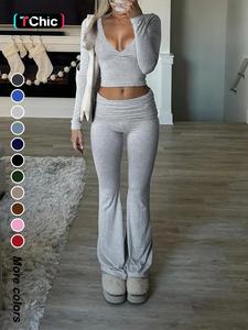 women's solid deep v neck crop top & ruched flare leg pants, chic casual fashion cozy long sleeve top & bell bottom trousers for daily outdoor wear, women's clothing for fall & winter, matching set outfit, womenswear, casual outfits women