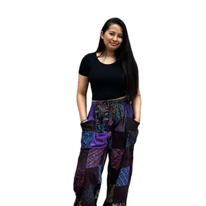 Cotton Spandex Patchwork Hippie Pants with Two Pockets & Elastic Waist - Multicolor Unisex Boho Style - Very Adjustable for Men & Women