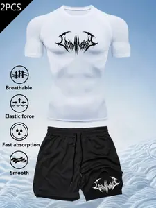 Men's Quick-Dry Moisture-Wicking Compression Set, High Stretch Breathable Fabric, Geometric Pattern, Portable Durable Sports Wear, Athleisure Wear Set, Breathable Activewear