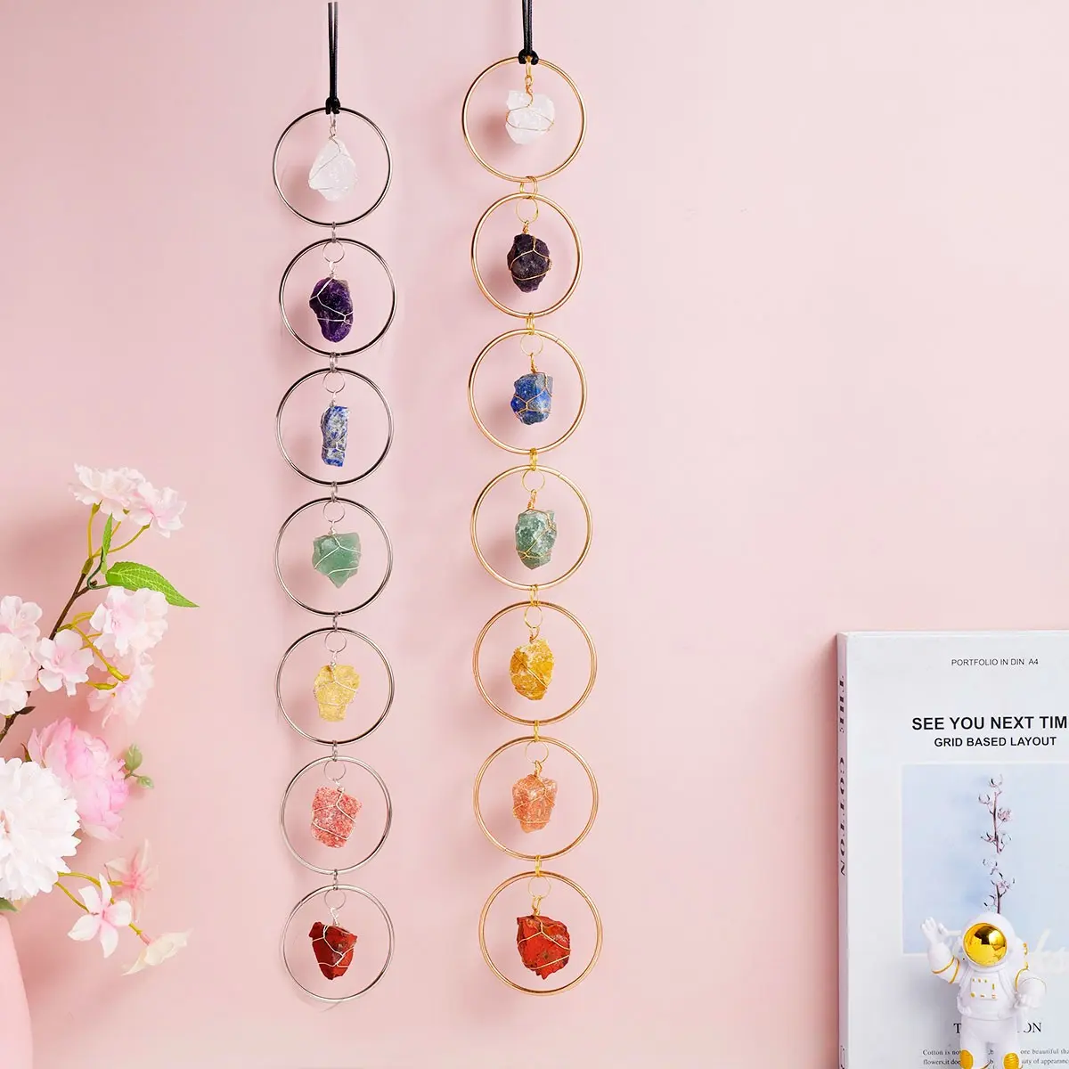 Natural 7 Chakra Stones Raw Crystal Gemstone Wall Decor, Hanging Ornament Tree of Life Wall Hanger, Tumbled Gemstones Meditation Spring Garden Decoration, Chakra Healing Crystals, Crystal Decorative Ornaments