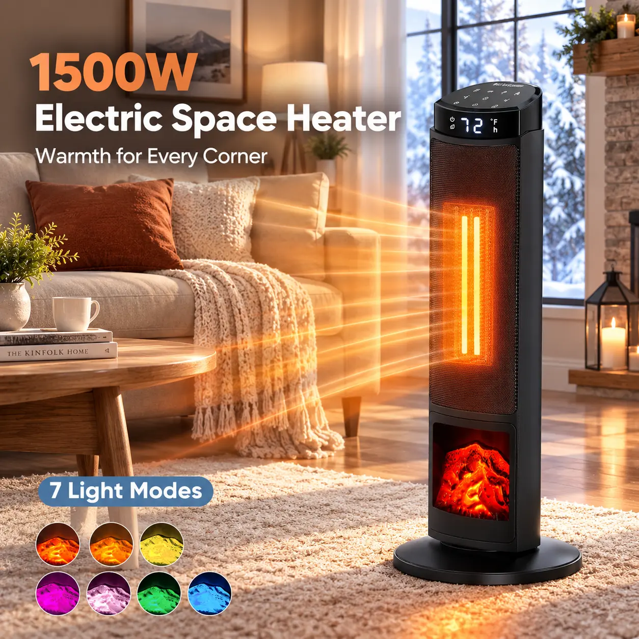 Sweetcrispy 23" Space Heater, 1500W Electric Heater with 12-Hour Timer 4 Modes, 70° Oscillation, 12-Hour Timer, Thermostat 50-95°F, Fast Heating, Child Lock