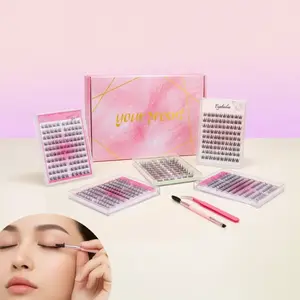 6 boxes of glue free and non removable cluster makeup grafting false eyelash tool gift box, C roll glue free eyelash mixed grafting false eyelash+eyebrow clip+eyelash brush beauty gift Eyelashes Extension Set