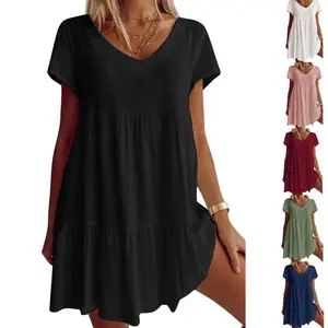 Danedvi Women's V-Neck Tunic Dresses Short Sleeve Button Down Loose Casual Summer Short Flowy Swing Dress