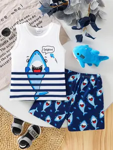 Boys' Cartoon Shark Sleeveless Vest Shorts Set, Striped Sets, Breathable Ocean Style Casual Wear, Fun Print Summer Home or Outdoors