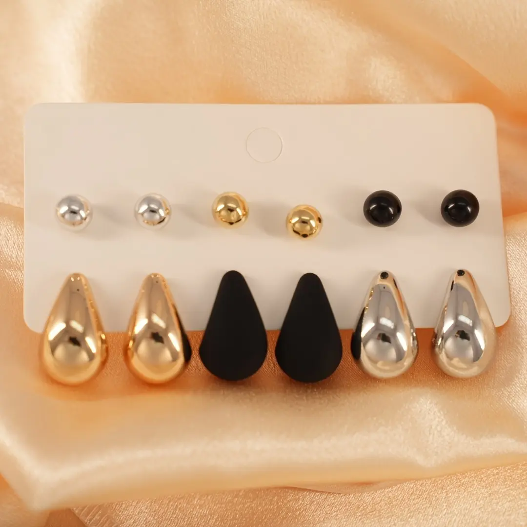 6 Pairs Elegant & Cute Hoop Earrings Set, Stainless Steel Ear Needle, with Teardrop & Sphere Stud Earrings, Versatile for Daily & Gift Occasions, All Seasons Earrings Set