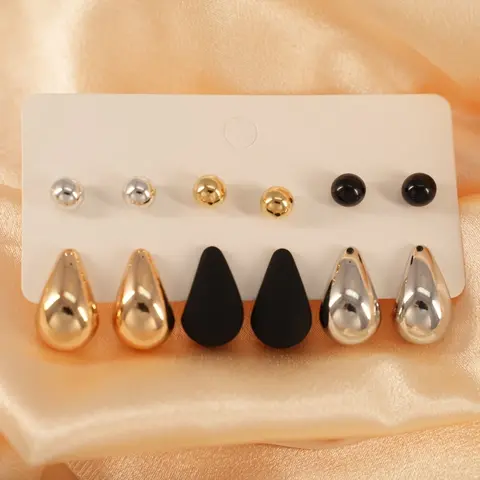 6 Pairs Elegant & Cute Hoop Earrings Set, Stainless Steel Ear Needle, with Teardrop & Sphere Stud Earrings, Versatile for Daily & Gift Occasions, All Seasons Earrings Set