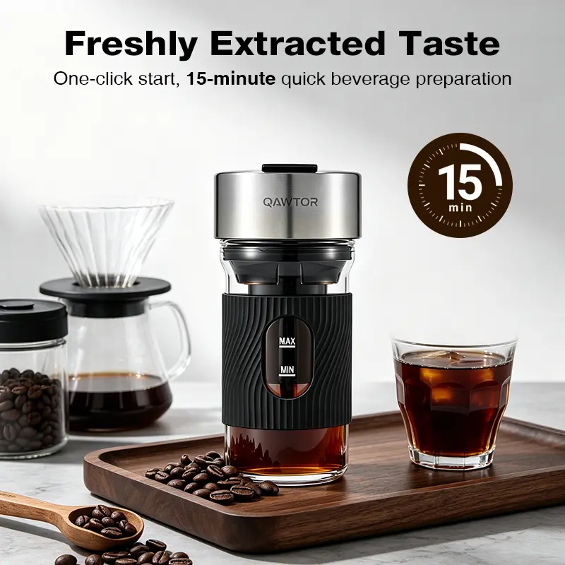 Qawtor 15-Min Electric Cold Brew Coffee Maker, Portable Cordless USB Rechargeable Iced Coffee Brewer with Reusable Filter & Cleaning Brush for Home, Office and Camping