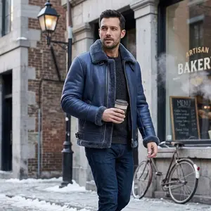 Men’s Real Sheepskin Shearling Fur Leather Jacket – Aviator Style with genuine Fur (Aviator-Blue)