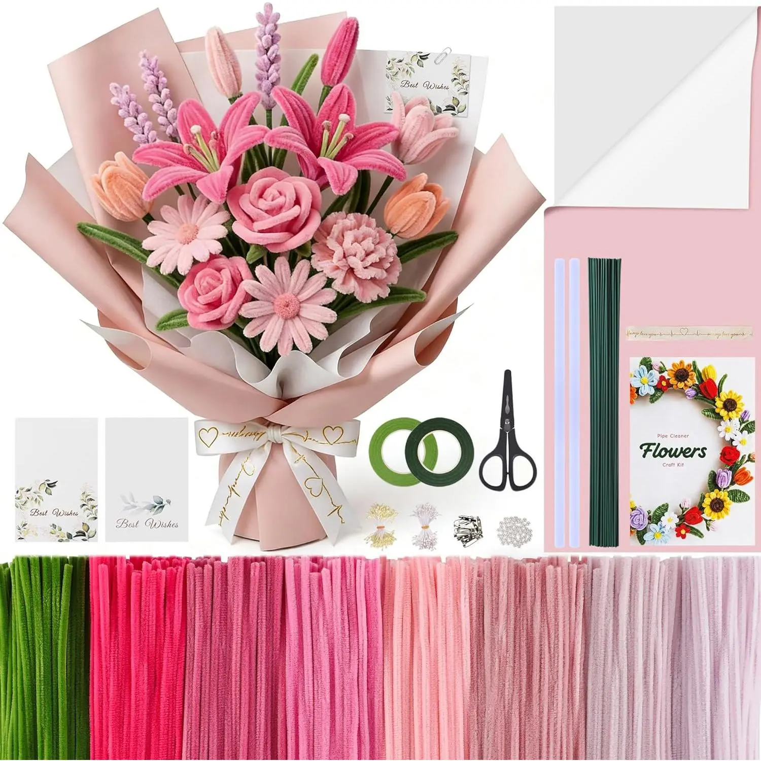 800-Count Pipe Cleaner Flower Craft Kit with Tutorial, 8 Colors Chenille Stems, Floral Tape, Thick Stems, Wraps for Crafting, Pipe Cleaner Flowers Floral Arranging, DIY Bouquet Mother's Day Gift