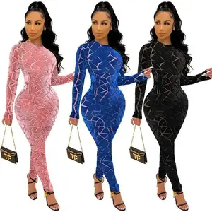 Women's 2025 Cut-out sexy velvet mesh fabric patchwork zipper long-sleeved round-neck jumpsuit for women Overalls Womenswear
