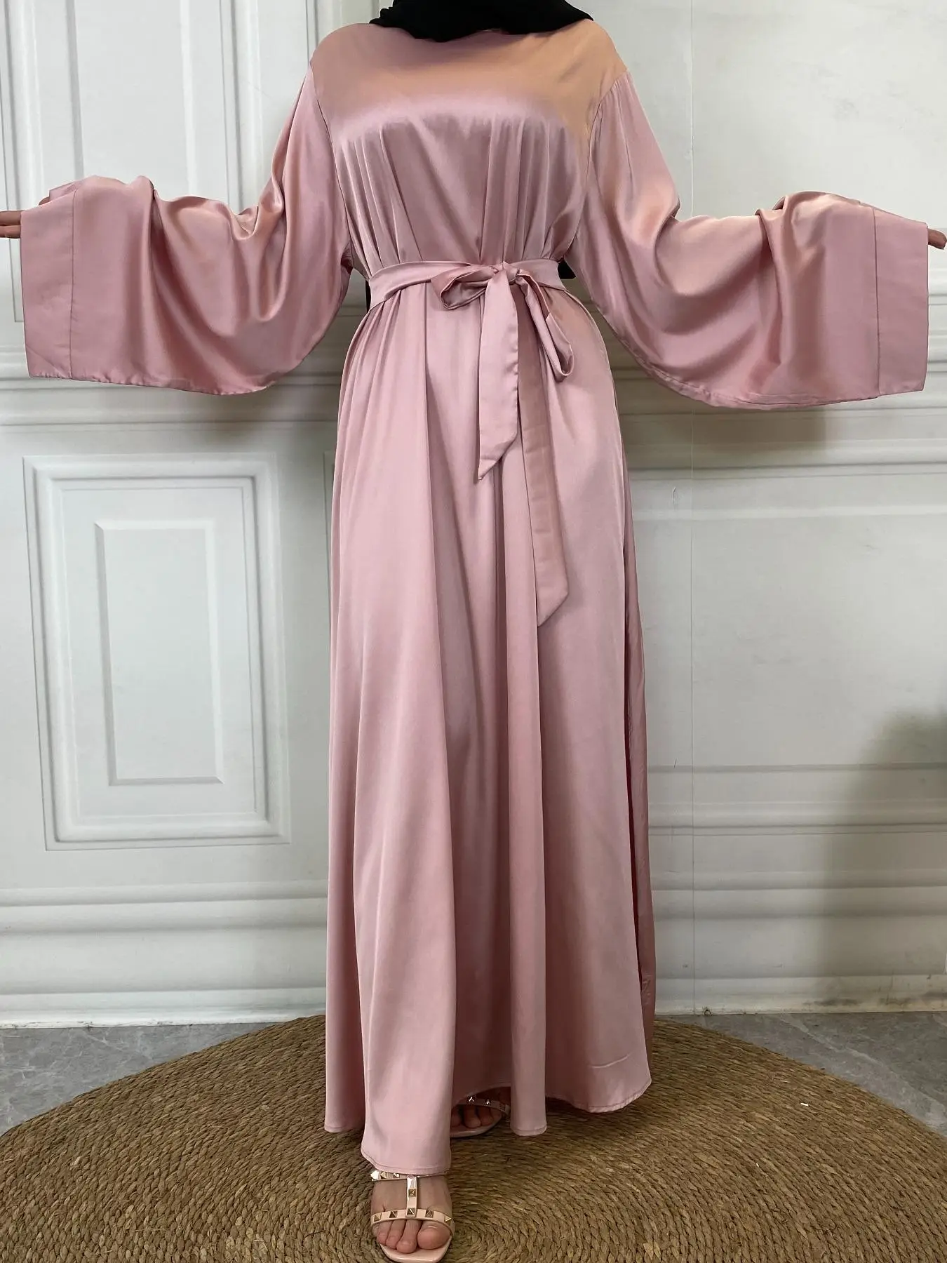 Women's Solid Color Belted Islamic Dress, Modest Casual Long Sleeve Round Neck Dress for Daily Wear, Ladies Islamic Clothing for Spring & Fall