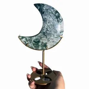 Moss Agate Moon on Stand - Sapphire & Sage Energy Earthy Greens