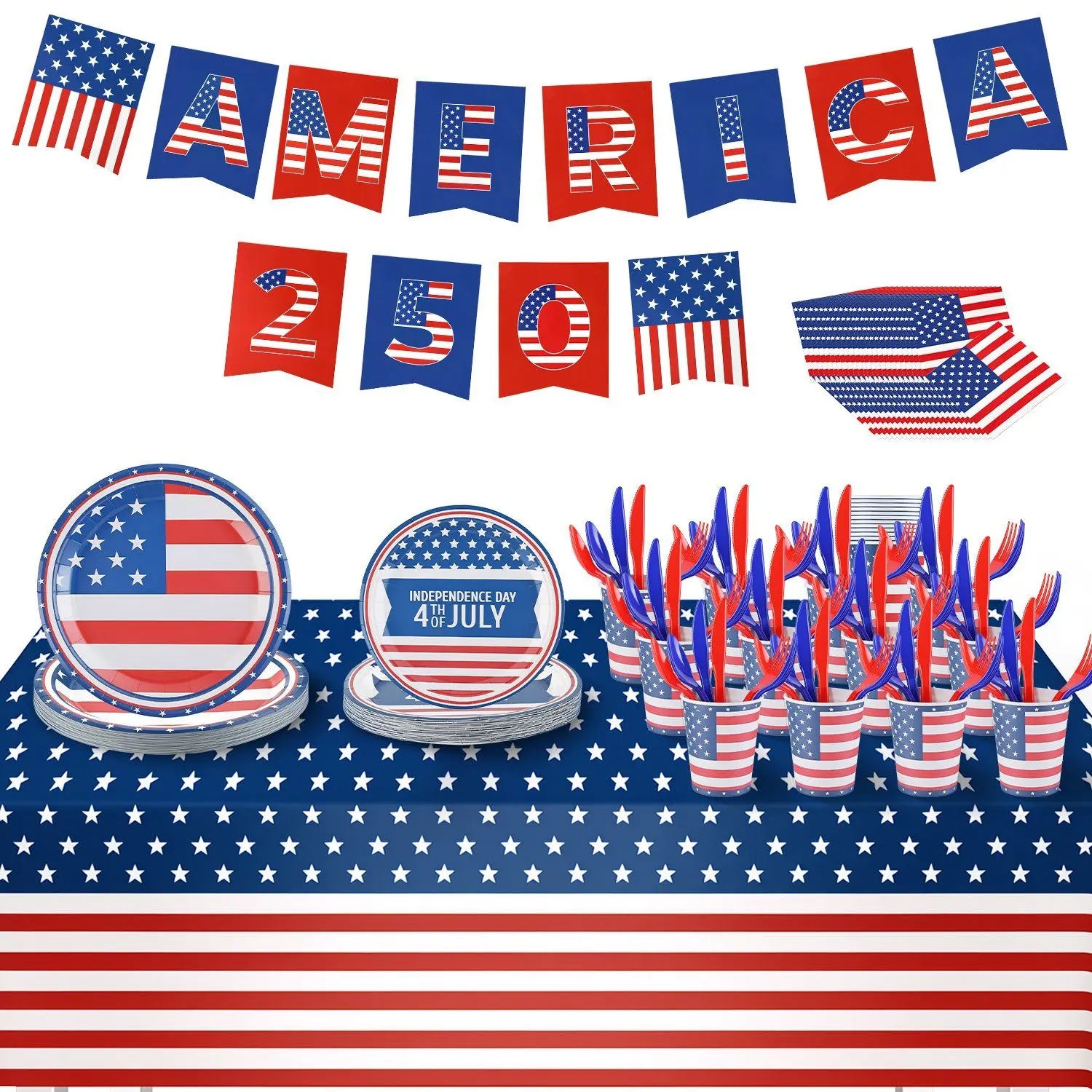181Pcs Multicolored 4th of July 250th Anniversary Plastic Party Supplies Kit, Red White Blue Disposable Tableware Set with Plates, Cups, Cutlery, Napkins, Banner, Tablecloth, Serves 24 for Memorial Day