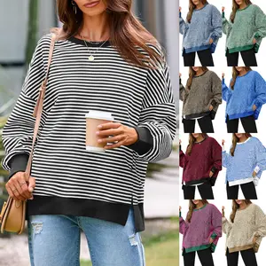 Danedvi Lady's Fall Fashion Oversized Striped Waffle Knit Fabric Sweatshirt - Long Sleeve Round Neck Split Pullover Tunic Top, Casual Outdoor Wear Knitwear, Outfits, Knitted Shirt