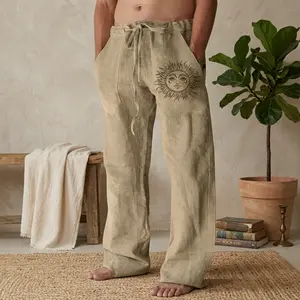 Men's Summer Beach Cotton Linen Pants - Loose Fit Elastic Waist Drawstring Casual Comfortable Breathable Lightweight Trousers Perfect for Vacation Travel Outdoor Activities Leisure Wear Fashion Style