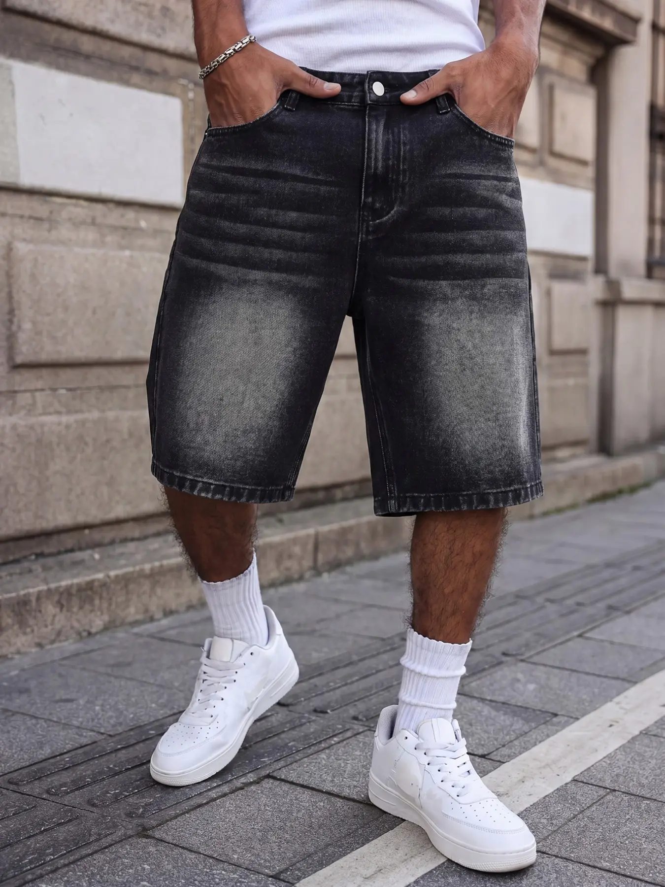 Men’s Black and Gray Loose Washed Denim Shorts, Fashion High Street Denim Clothing, Non-Stretch Summer Streetwear, Sizes XS–XXL (Label W30–W40, Size S Fits 32-Inch Waist)