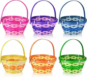 6Pcs Easter Bamboo Baskets with Handles, 6 Colors Small Round Woven Easter Baskets for Kids Egg Hunt Picnic Party Supplies Decorations