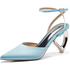Coutgo Women's Kitten Heels Closed Pointed Toe Heart Heel Ankle Strap Satin Pumps Wedding Prom Dress Valentine Shoes