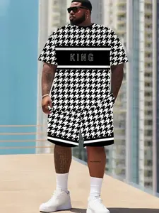 Men's Plus Size Checkered T-Shirt & Shorts Set, Loose Fit, Short Sleeve, Casual Fashion, All Seasons, Outfit