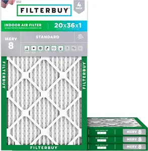Filterbuy 20x36x1 Air Filter MERV 8 Essential Dust & Allergy Defense (4-Pack), Electrostatic Pleated HVAC AC Furnace Filters Replacement, Made in USA (Actual Size: 19.75 x 35.75 x 0.75)