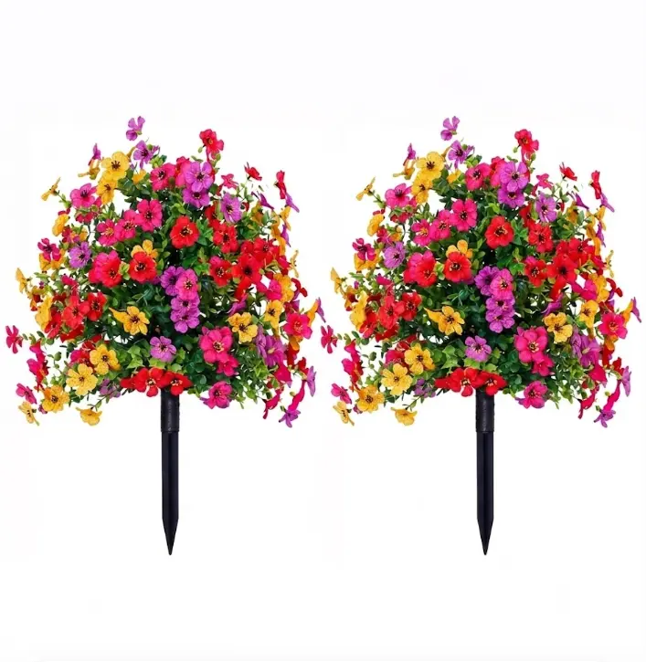 2-Pack UV-Resistant Artificial Petunia Flower Stakes, Faux Colorful Plastic No-Fade Realistic Floral Decor for Garden, Patio, Farmhouse Outdoor Landscape