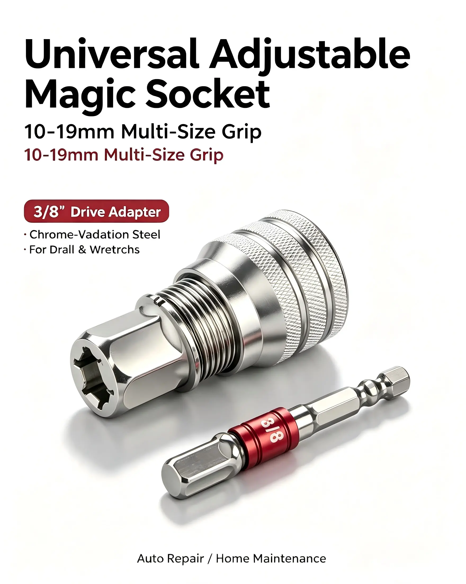 Adjustable Grip Multi-Function Universal Socket Wrench Tool - 3/8" Drive Compatibility for Ratchet Torque Wrenches, Power Drills, Auto Repair, Metal/Wood Multi-Sized Maintenance Tasks