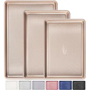 Set of 3 Baking Sheet Pans, Cookie Sheets for Oven, Nonstick Half/Quarter/Jelly Roll Pans with Diamond Texture Pattern, 0.8mm Thick Heavy-Duty Cookie Tray, Champagne Gold