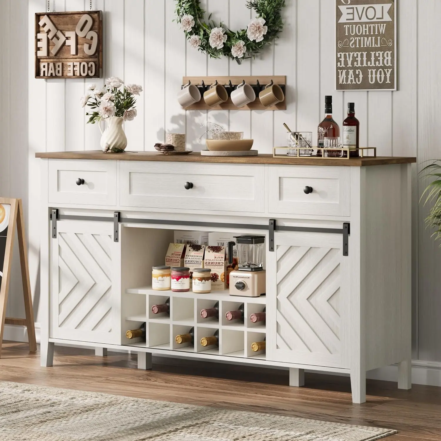 59 Inch Farmhouse Buffet Cabinet, 33.4" Tall Rustic Wood Sideboard with Sliding Barn Door, 3 Drawers, Adjustable Shelf & Removable Wine Rack for Kitchen Dining Room
