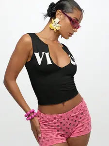 Women's Vice Letter Print Deep U Neck Sleeveless Vest Top, Short Waist Design, Loose Fit Casual Style for All Seasons