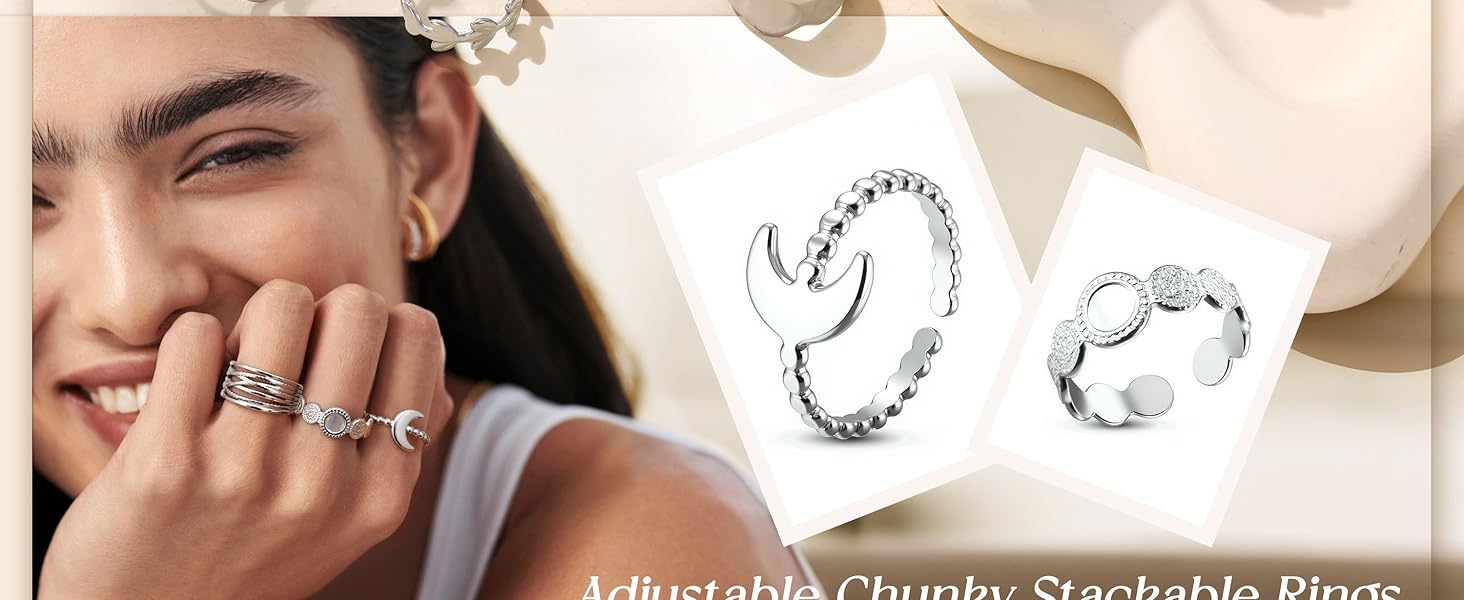 LOLIAS 16Pcs Stackable Stainless Steel Rings for Women Chunky Silver Rings Non Tarnish Ring Open Adjustable Thumb Finger Statement Ring Set Accessories Gifts for Women Girlfriend