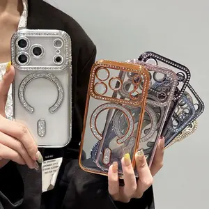 Luxury Glitter Phone Case for iPhone 17/16/15/14Plus/13/12 Pro Max Plus/17Air Transparent Magnetic Bumper Diamond   Shockproof Cover