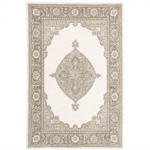 HomeRoots 510149 9 x 12 ft. Beige Ivory Tan Gold Gray & Green Oriental Power Loom Stain Resistant Rectangle Area Rug