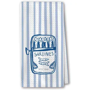 White and Blue Cute Kitchen Towels - Sardine Tin & Blue Stripe Coastal Art,  Towels, Nautical Theme, Housewarming Gifts   - 16"x24"(225)