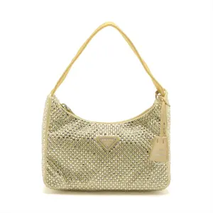 Pre-owned Silk Satin Shoulder Bags Prada Satin Crystal Mini Re Edition 2000 Bag Platino Shoulder Bag Gold Yellow Full Set