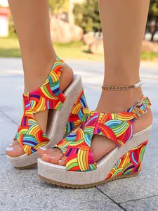 Women's Rainbow Print Wedge Sandals, Casual Vacation Shoes, Heightening Effect, Comfortable Sole, Multi-Color Design, Beach Summer Footwear