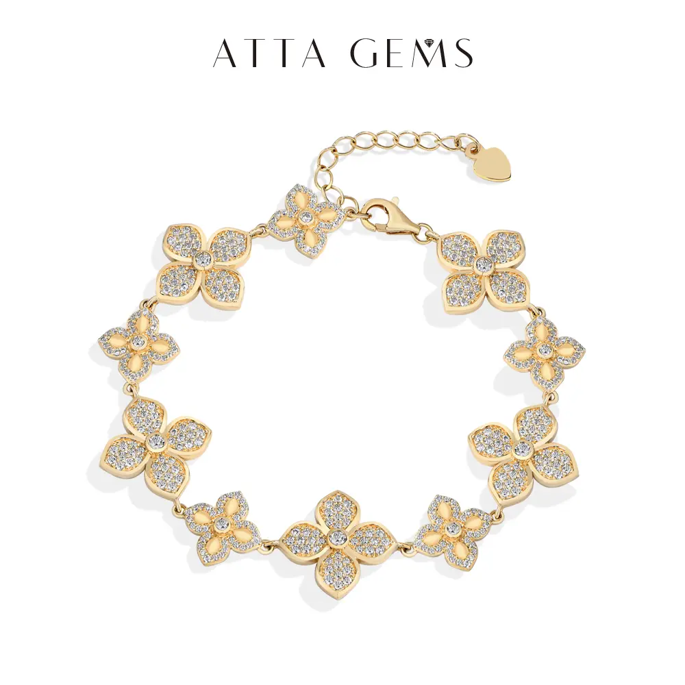 ATTAGEMS Flower Design D Color VVS1 Lab-Created Moissanite Bracelet, Luxury Hypoallergenic Artificial Gemstone Jewelry, Bracelets for Women, Ideal Gift for Engagement, Birthday,