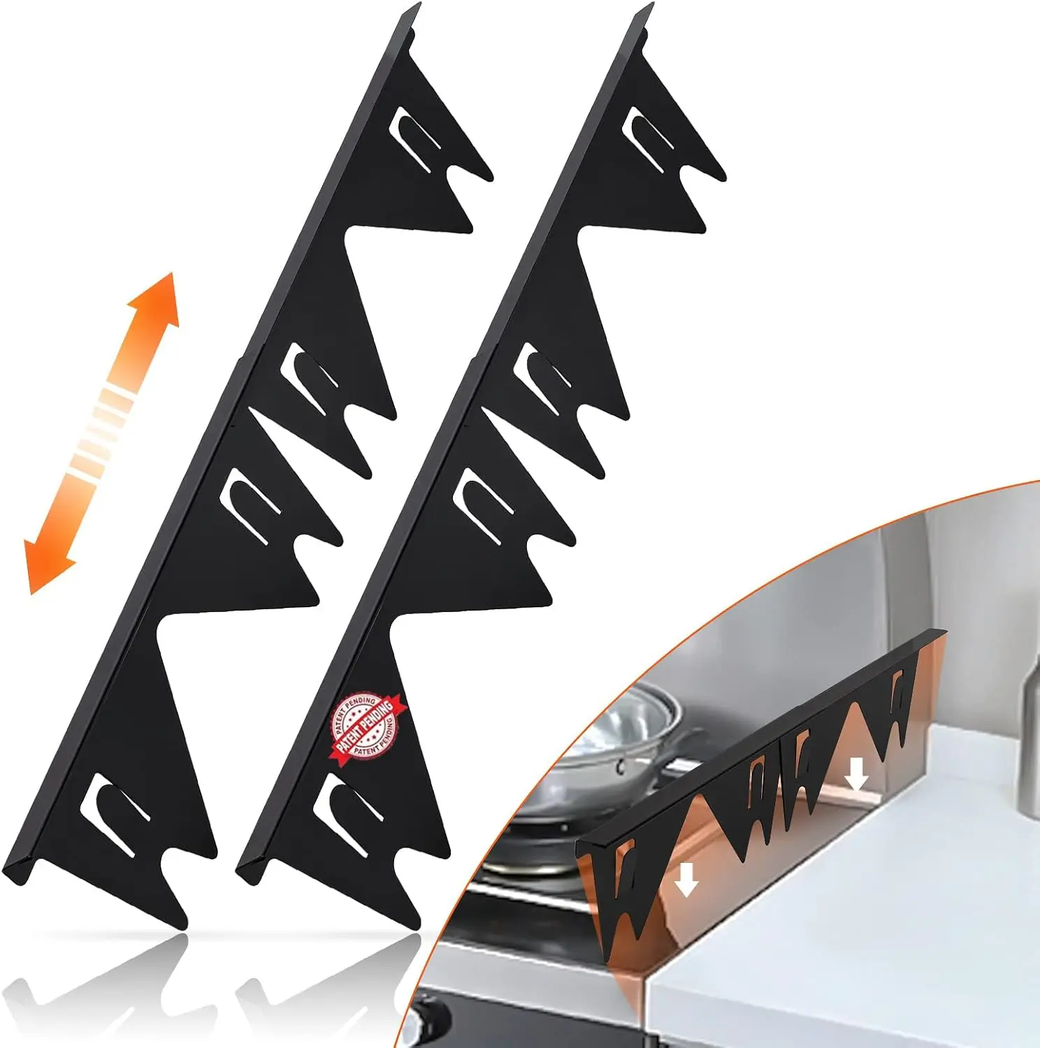 2PCS Black Metal Kitchen Stove Gap Covers - Telescopic Adjustable Length (13.8in to 27.5in), 18mm Width, Heat Resistant Easy-Clean Trim Kit for Countertops & Flat/Uneven Tops with Dual-Speed Magnetic Spice Rack, Fits Uneven Tops