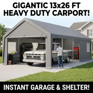 13x26 FT Heavy Duty Carport Canopy, 2 Roll-Up Doors & 1 Side Door with Removable End Walls and Windows, All-Weather Portable Garage Shelter for Vehicle, Car, Truck, Boat Storage, Outdoor Yard and Patio Use Gazebo Party Tent