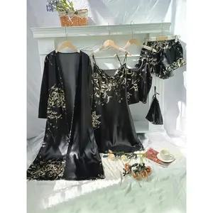 Plus Size Floral Print Five-piece Set, Draped Dress & Ruffle Shorts & Cami Top & Long Sleeve Belted Robe & Bag, Casual Comfy Loungewear Set��gift��