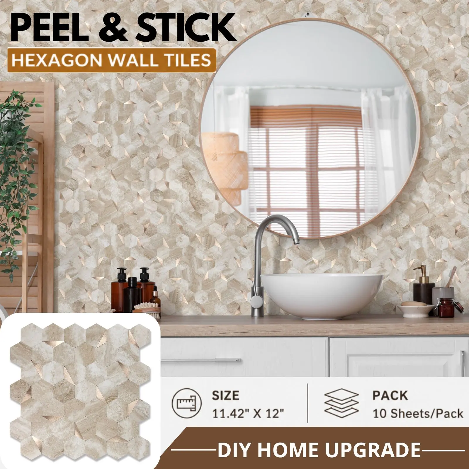 Yipscazo 10 Sheets Beige Slate Hexagon 12.2''x11.34'' Peel and Stick Backsplash for Kitchen Wall, Heat Resistant Stick on Backsplash PVC Smart Tiles, Waterproof Peel and Stick Wall Tiles for Bathroom peel and stick wallpaper