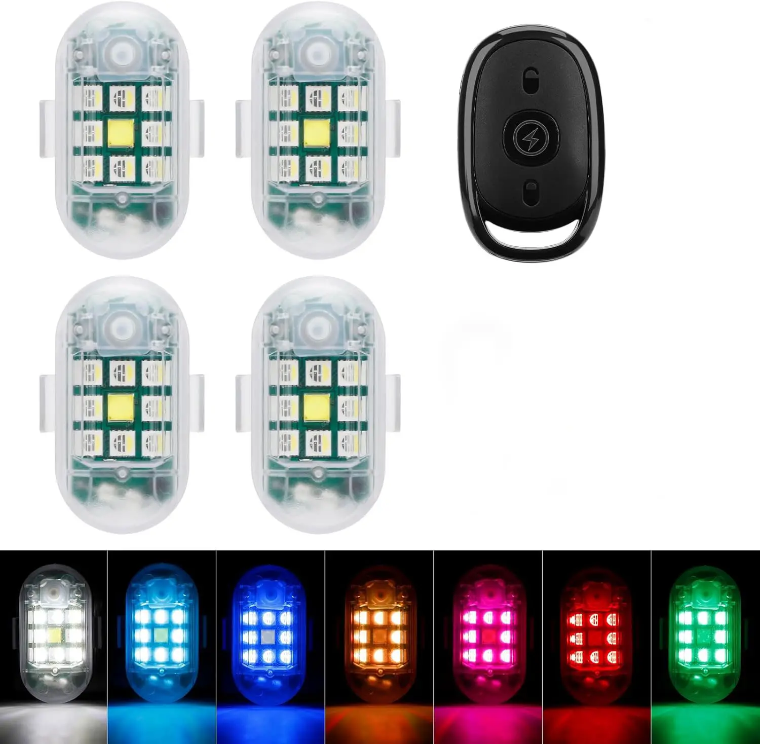 4-Pack Anti-Collision Wireless Remote Control LED Strobe Lights Kit - USB Charging, 7-Color Changing Emergency Warning Hazard Lights for Vehicles, Cars, Led Lights