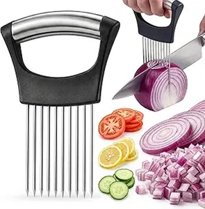 Onion Holder & Food Slicer Cutter Tool – Stainless Steel Vegetable & Fruit Slicing Assistant for Easy, Safe Cutting (Black)