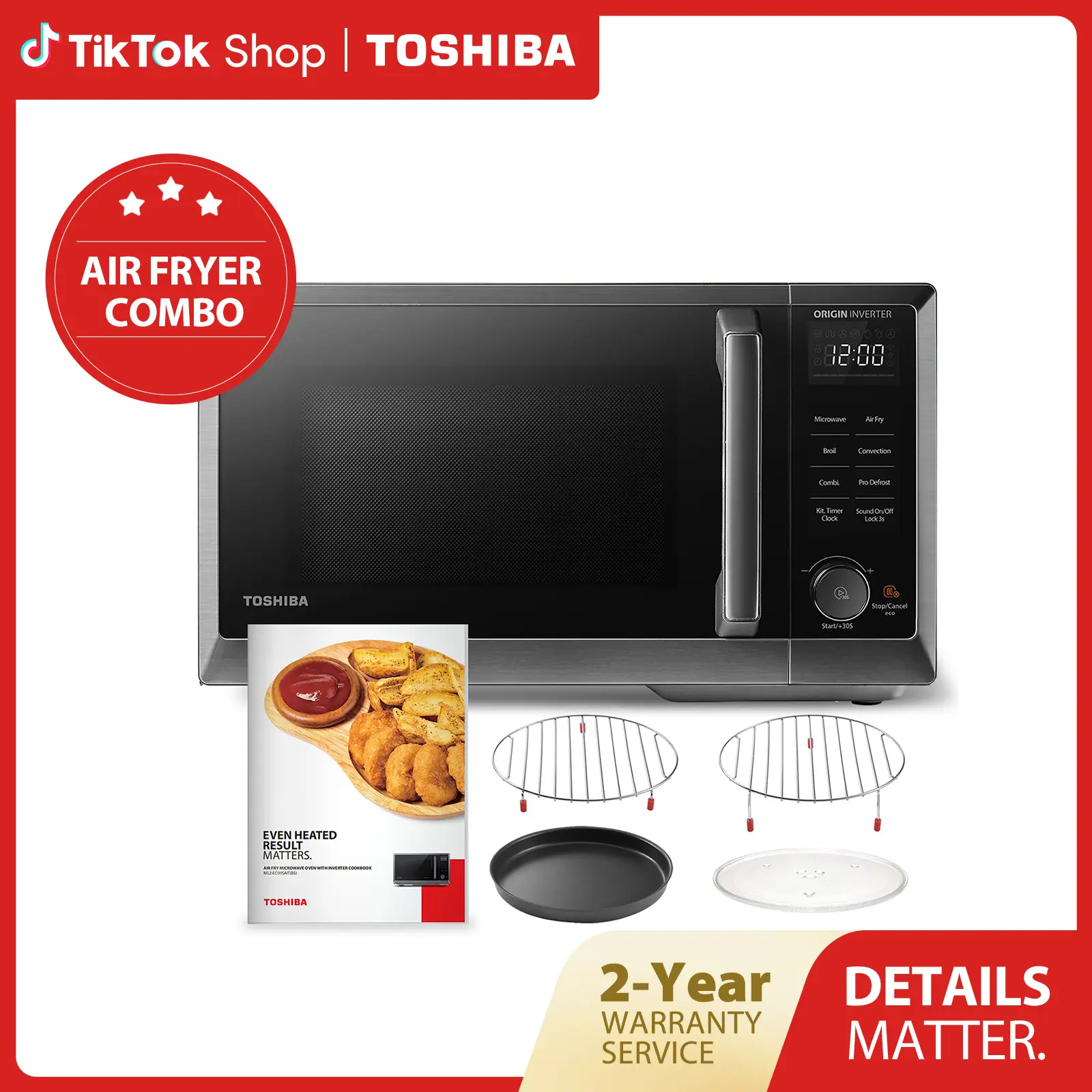 TOSHIBA 6-in-1 Inverter Countertop Microwave Oven Healthy Air Fryer Combo, MASTER Series, Broil, Convection, Speedy Combi, Even Defrost 11.3'' Turntable Sound On/Off, 27 Auto Menu, New Arrivals
