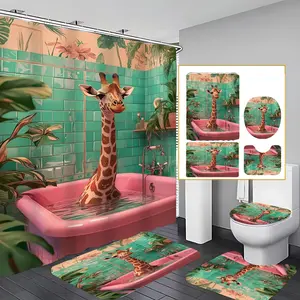 4 Pcs Bathtub Giraffe Bathroom Curtain Sets with 12 Hooks,Tropical Bathroom Giraffe Large Waterproof Thickened Mildew Proof Bathroom Partition Curtain,Bathroom Shower Curtain,Toilet Lid Cover,Non-Slip Bathroom Rugs and U Shape Bath Mat,Modern Decor