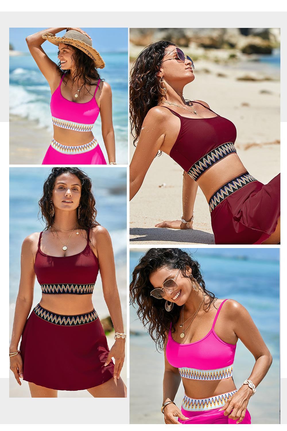 Aleumdr Womens High Waisted Bikini Sets with Skirt Two Piece Tummy Control Bathing Suit Color Block Push Up Swimsuit Sport Swimming Clothing Beach