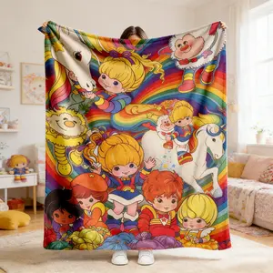 Rainbow Brite Starlite Flannel Blanket 80s Nostalgia Retro Cartoon Magical Horse Soft Warm Throw For Gamer Room Decor Dorm Essential Bed Sofa Home Gift